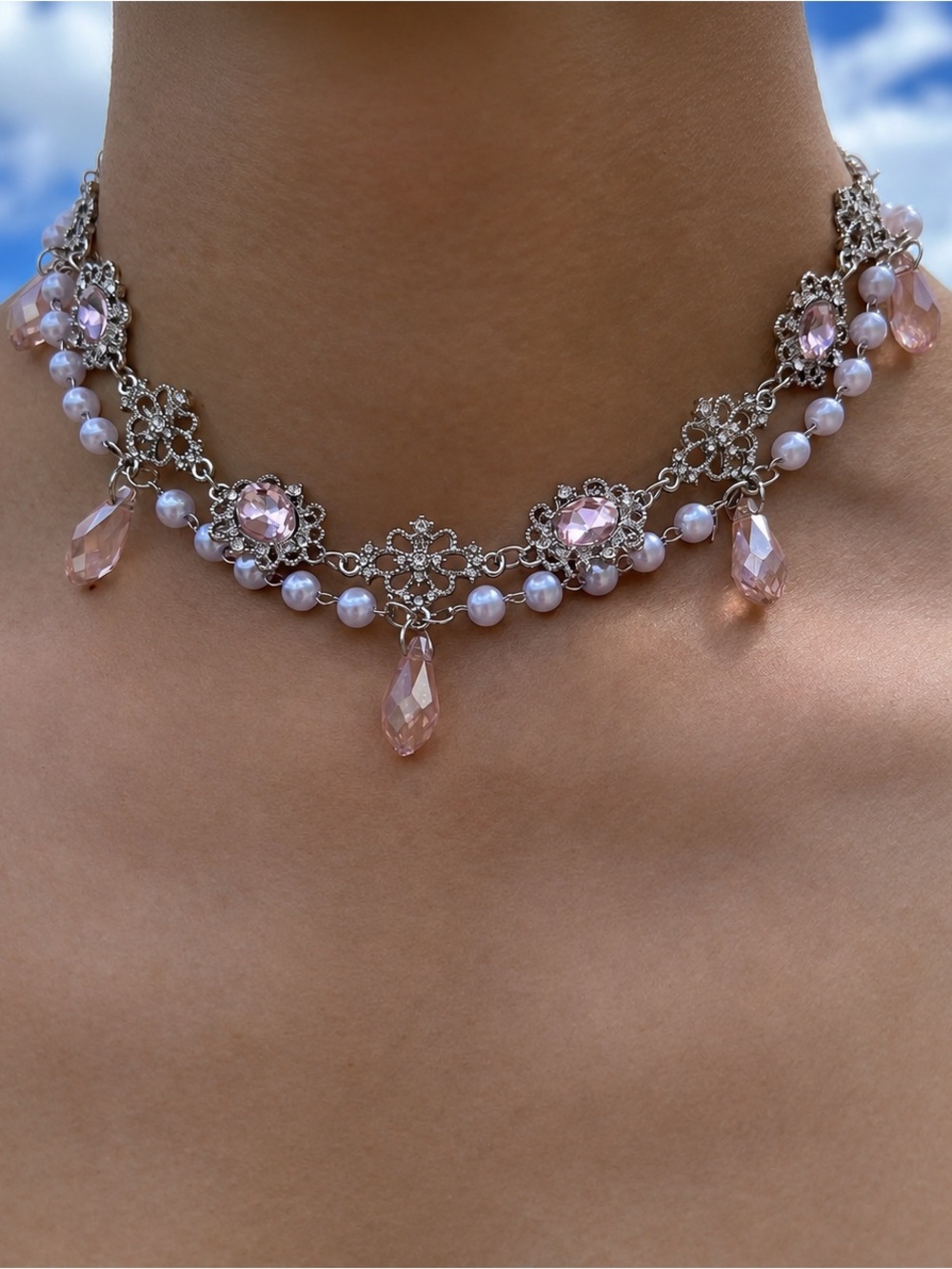 Delicate Pink Pearl & Crystal Choker Necklace - handmade